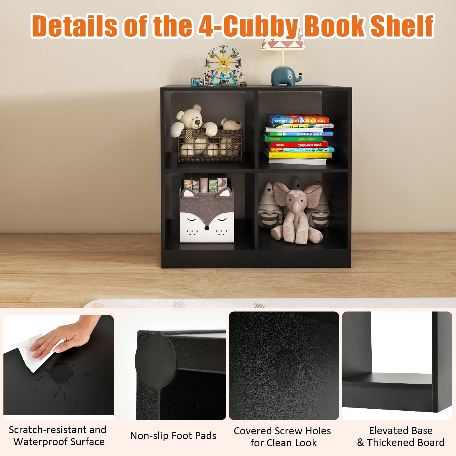Giantex 4-Cube Bookcase, Freestanding Open Bookshelf, Storage Wooden Display Shelf, Black