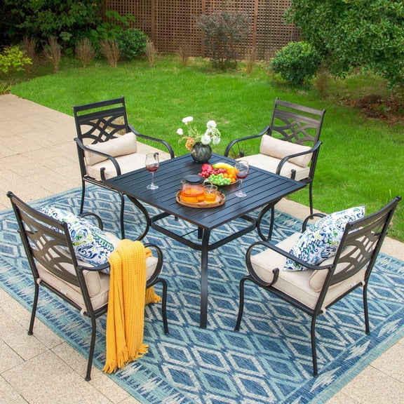 SUMMIT LIVING 5-Piece Outdoor Patio Dining Set, 4-Piece Armchairs with Seat Cushion and Back Cushion & 1-Piece Square Table, Black & Beige