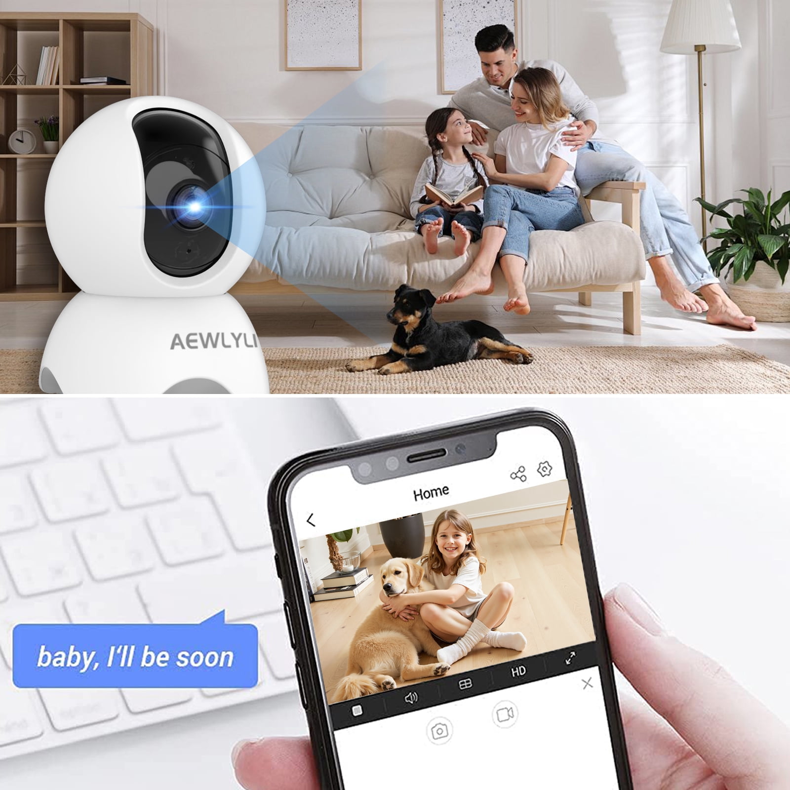 AEWLYLI Baby Monitor Security Camera, 360° 1080P HD WiFi Camera, Night Vision for Baby, Pet Dog and Elderly