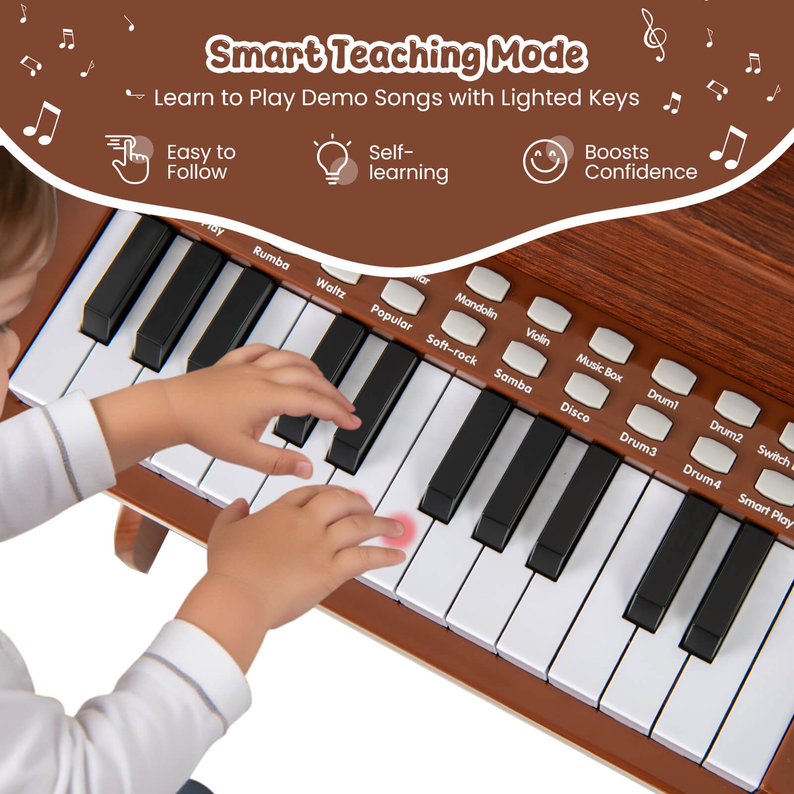 Costway 25 Keys Digital Piano with Music Stand Stool Lighted Keys Teaching Mode for 3+ Kids Brown