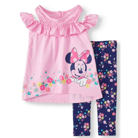 Minnie Mouse Girls' Cold Shoulder Floral Top and Legging, 2-Piece Outfit Set