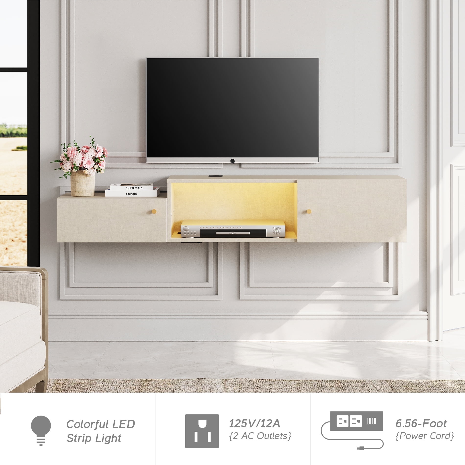 Floating Entertainment Center with Charging Station, Wall Mounted TV Stand with Colorful Light, Media Console Center with Storage, Modern Shelf Hanging Hutch Component Under TV,59''