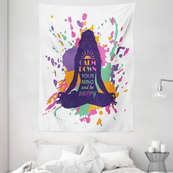 Modern Decor Tapestry, Yoga Posing Girl with Motivational Happy Quote Calm Down Your Mind Image , Wall Hanging for Bedroom Living Room Dorm Decor, 60W X 80L Inches, Multicolor, by Ambesonne