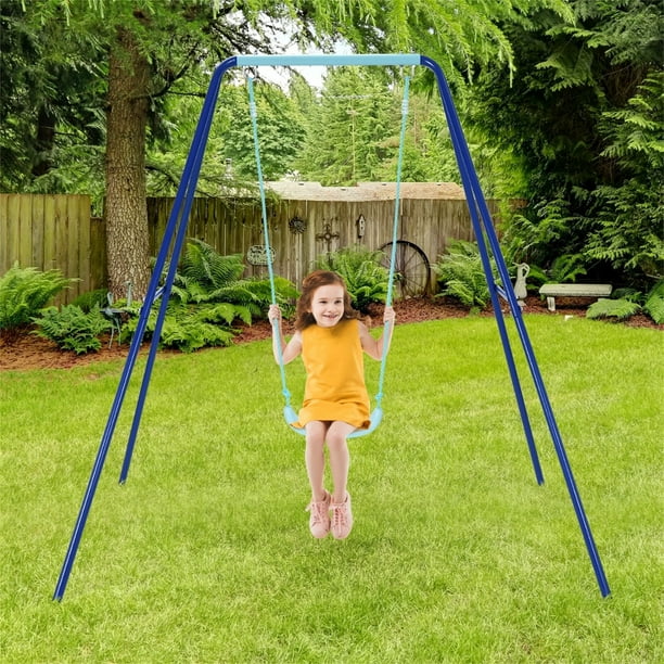 Costway Columpio de Exterior para Niños Set Columpio en Hierro con Estructura Estable y Asiento con Picos de Tierra Azul 171 x 176 x 166 cm
