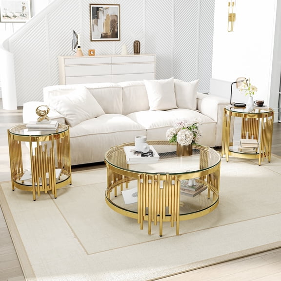 3-Piece Modern Living Room Set-35.43" Round Glass Coffee Table & 23.62" End Tables, Stainless Steel Base & Tempered Safety Glass Top, Sleek Set for Home, Apartment, Office