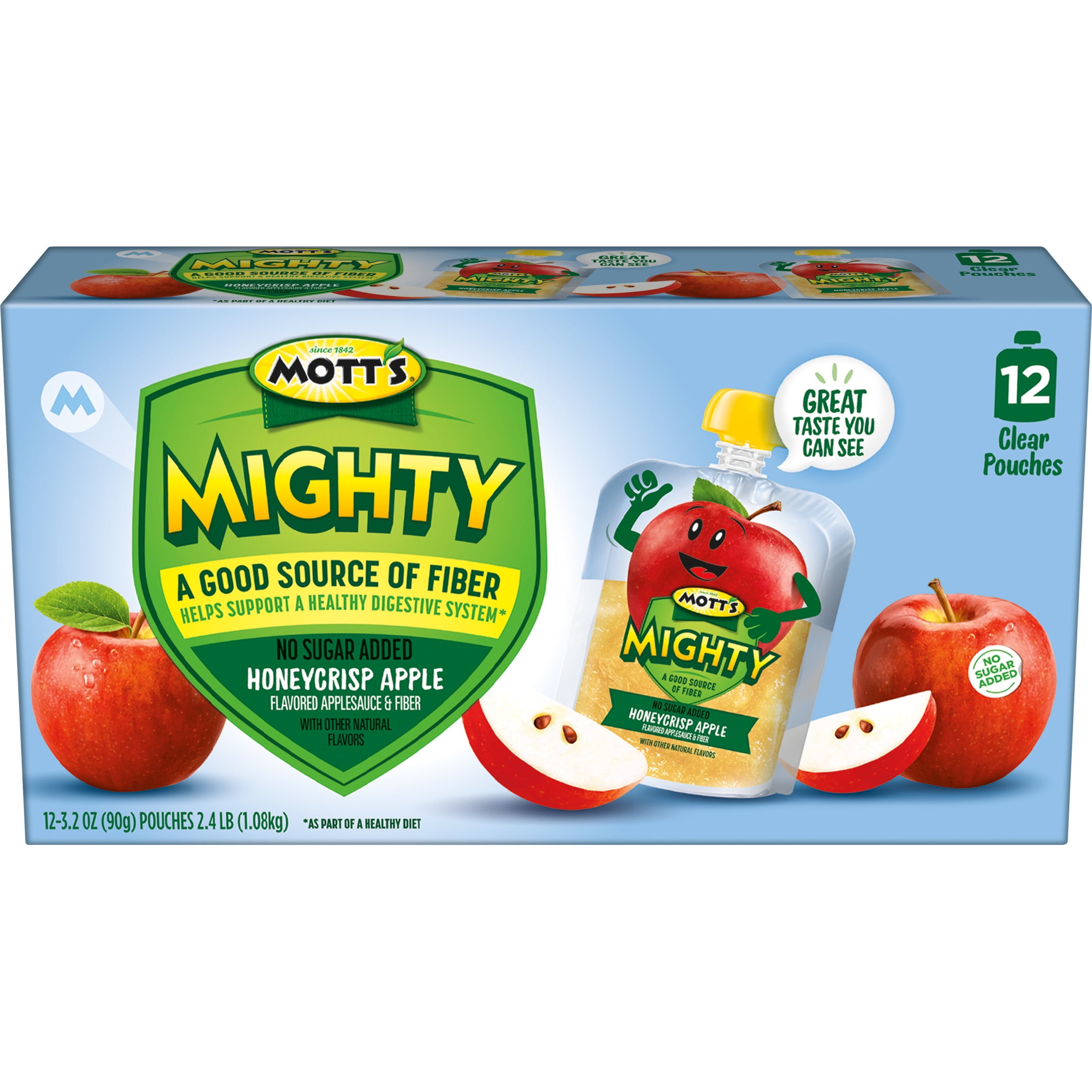 Mott's Mighty No Sugar Added Honeycrisp Applesauce, 3.2 oz, 12 Count Clear Pouches