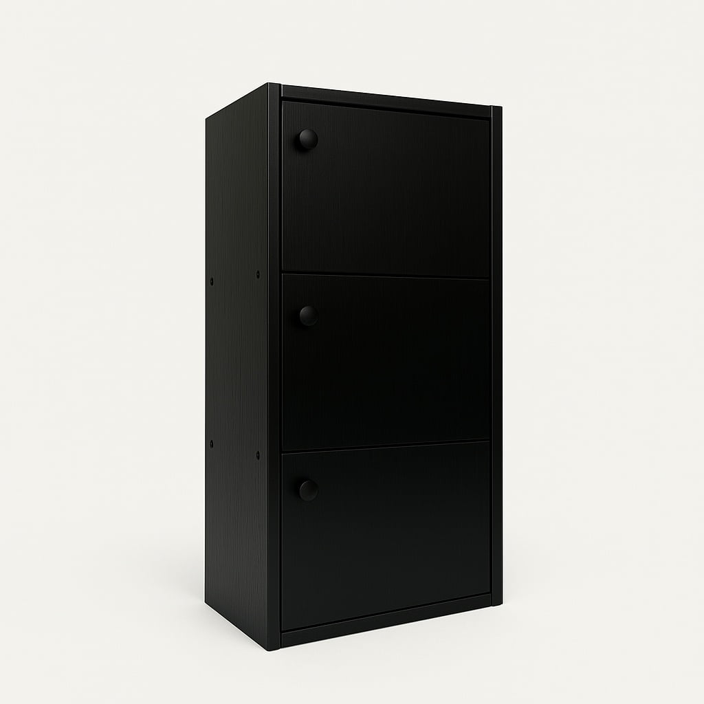 3-Tier Black Bookcase with Doors – Matte Finish Vertical Storage Shelf by PJ Furniture