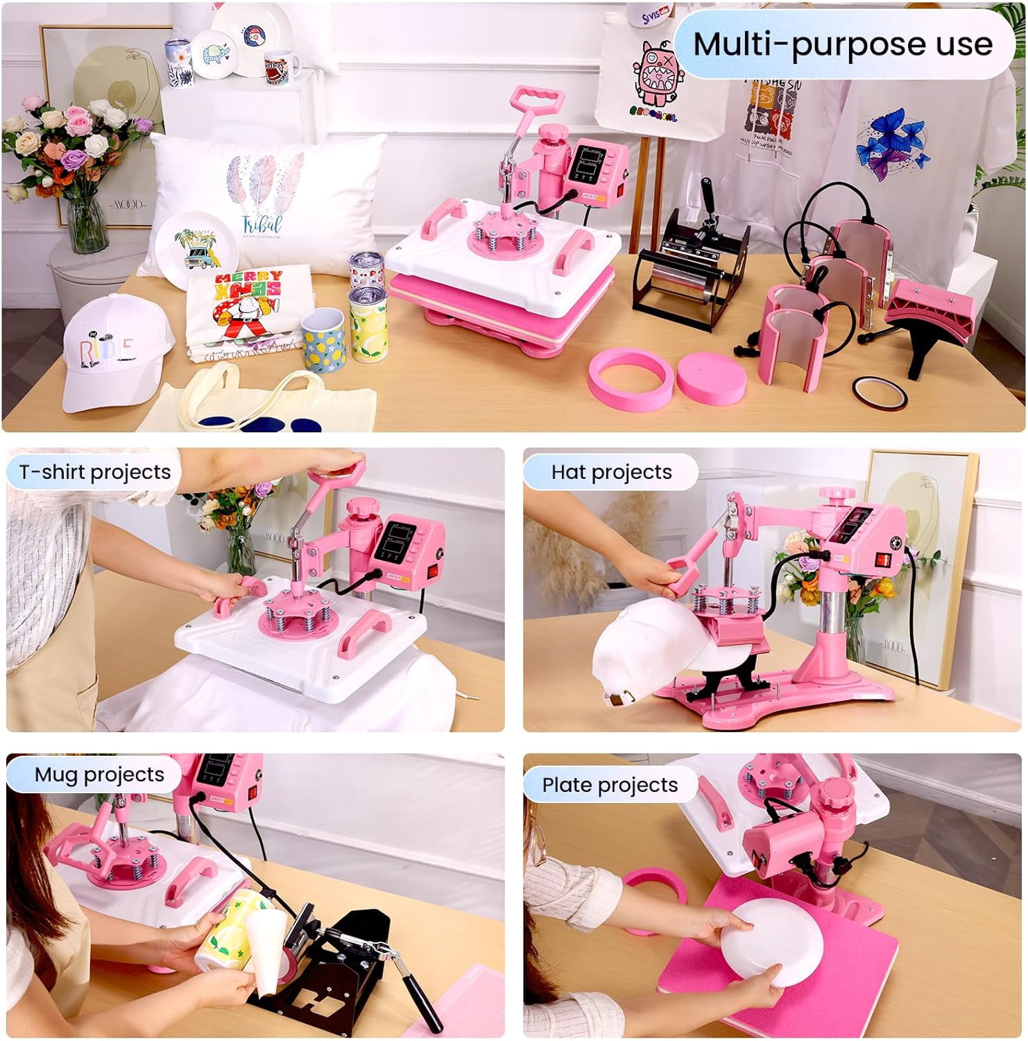 Adnoom 5 in 1 Heat Press Machine Combo,360°Swing Away Sublimation Heat Transfer 15"x12", Digital shirt Press Machine for Hat Cap Mug Plate,Pink