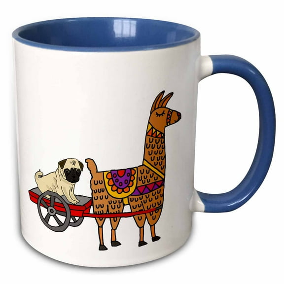 3drose, Cute Funny Pug in Red Wagon Pulled by Llama Cartoon, 15oz Two-tone Blue Mug