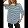 thumbnail image 2 of Camisetas de Rayas de Gran Tamaño para Mujer, Blusas Holgadas de Cuello Redondo y Corta, Blusa Informal de Verano Y2K 2025, Camiseta Básica Verde L, 2 of 9