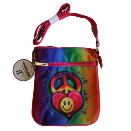 Top Trenz Airbrushed Rainbow Crossbody Peace/Heart, Pink Strap