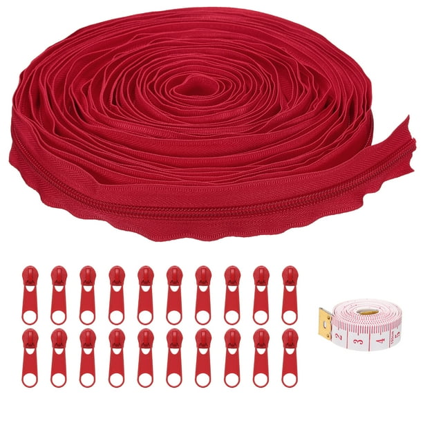 Uxcell #5 10 Yards Bulk Nylon Coil Zipper by the Yards with 20 Pcs Zipper Sliders and Ruler for Sewing Bright Red
