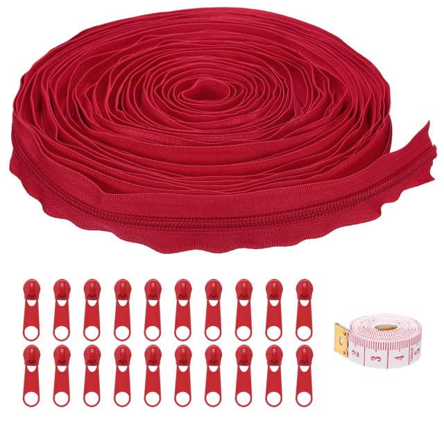 Uxcell #5 10 Yards Bulk Nylon Coil Zipper by the Yards with 20 Pcs Zipper Sliders and Ruler for Sewing Bright Red
