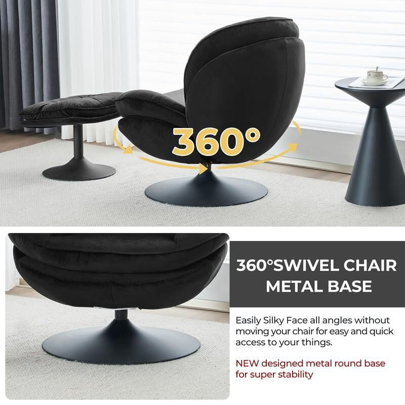 Comfort Stretch Velvet Swivel Accent Chair with Ottoman Round Reading Chair with Foot Stool Set Black