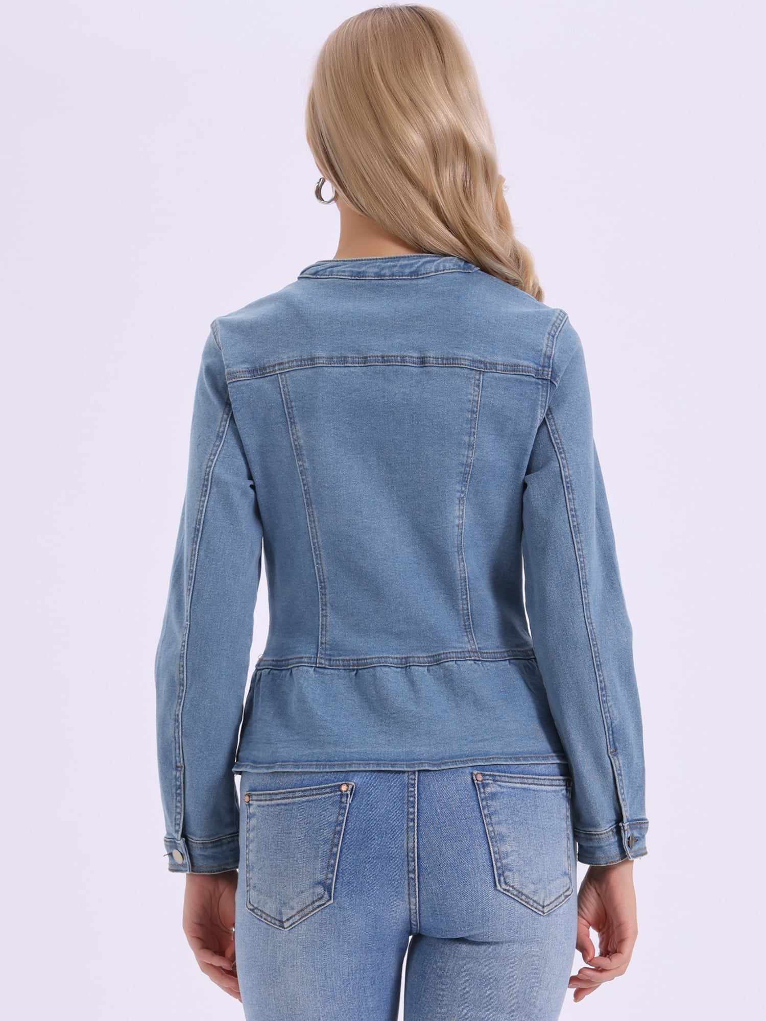 DARING DIVA Women's Peplum Hem Button Down Collarless Jean Jacket M Light Blue