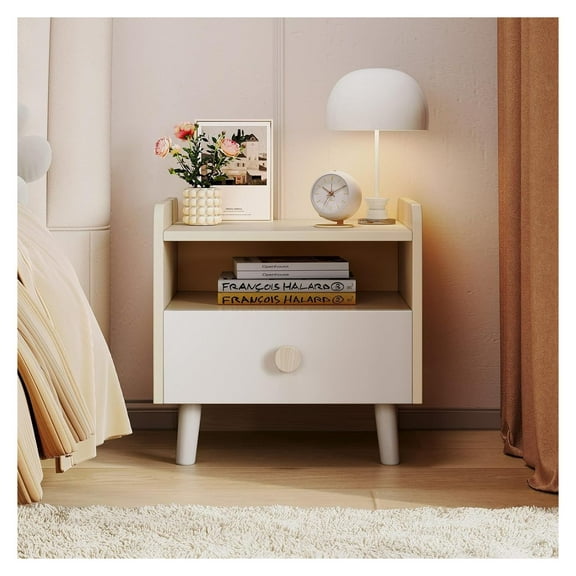 Nightstand with Drawer, Wooden Side Table with Open Shelf, Sturdy Legs, Round Edge, Kid Bedside End for Bedroom Furniture Dorm Small Spaces