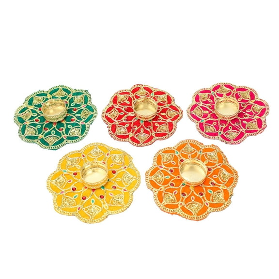 Set of 5 Mat Aasan Rangoli with Tea Light Candle Holder T-Light Stand for Home Made up of Velvet cloth Golden Embroideries for Indian Traditional Festival Diwali Decorations Decor (Size:-5")(Green)