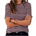 thumbnail image 2 of Wyobmus Womens Striped T Shirt Color Blocked Short Sleeve Crew Neck Cute Tunic Tops Basic Tees Blouses Work Tee Top Hot Pink, 2 of 6