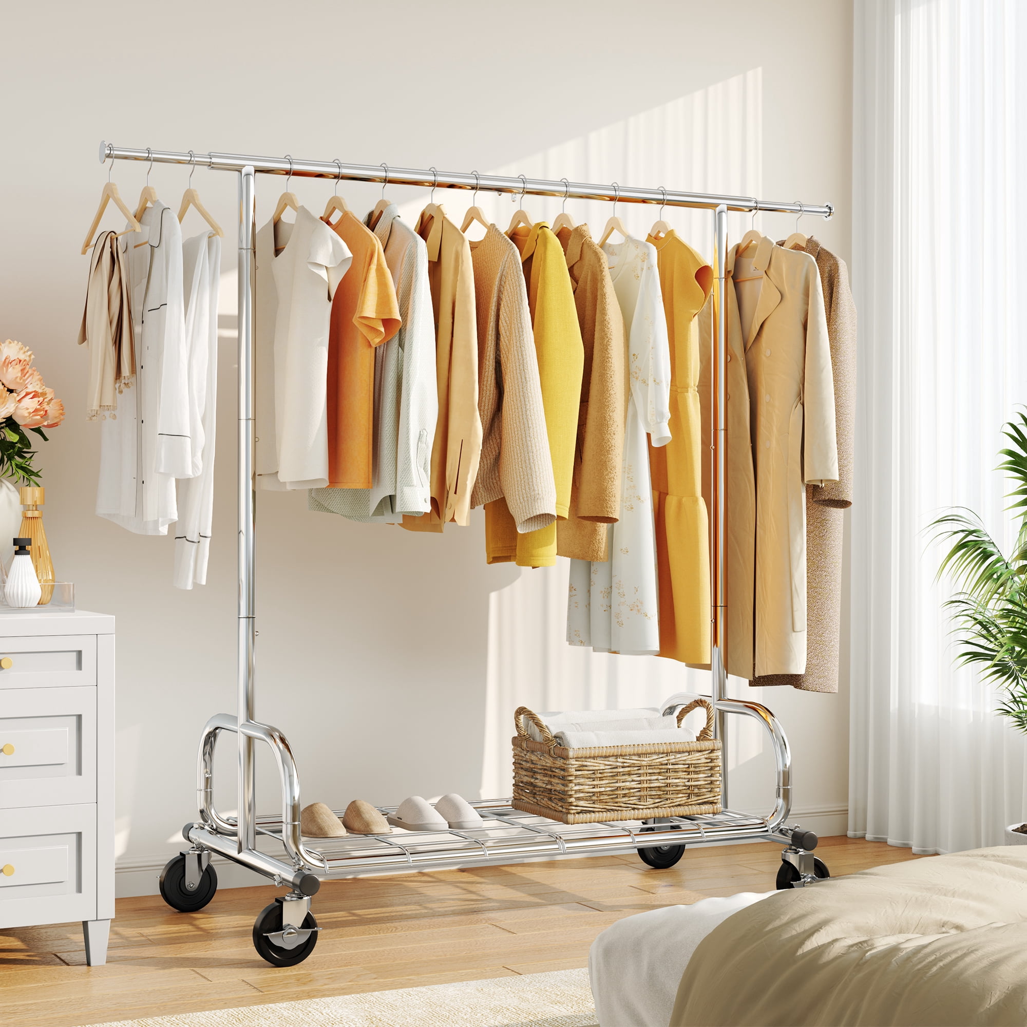HOKEEPER Heavy Duty Clothing Rack with Shelves 300 lbs Capacity, Commercial Grade Rolling Garment Rack with Wheels, Compact Steel Clothes Rack for Small Spaces, Silver