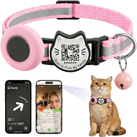 GASTROPOD Qr Code Reflective Cat Collar with Bell,Smart Scan Pet Id Tag Holder,Safety Elastic Tracker Collar for Girl Boy Cats,Kittens&Puppies Reflective Strip-Pink