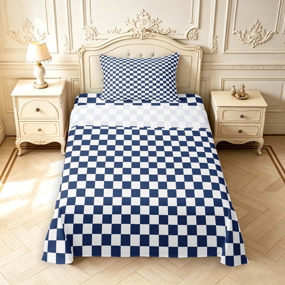 Manfei Contemporary Grid Twin Sheets,Checkered Art Bedding,Navy White,3pcs,1 Flat Sheet,1 Fitted Sheet and 1 Pillowcase