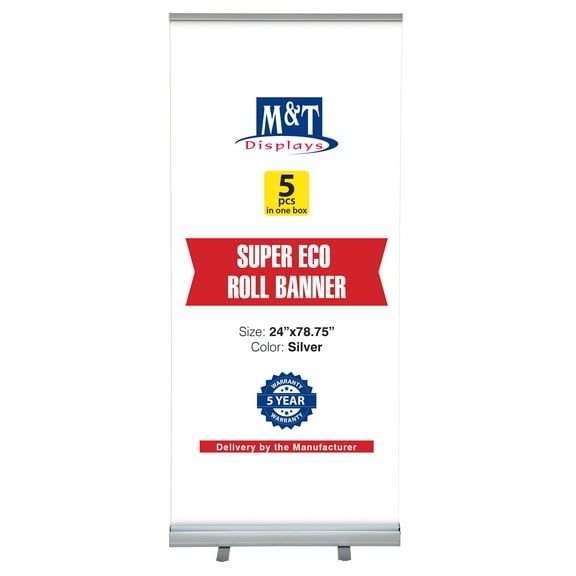 M&T Displays Super Eco Retractable Roll Up Banner Floor Standing 24x78.75 Inch Display Stand Silver Aluminum Profile with Carrying Bag for Convention, Conference, Trade Show, Office (5 pack)