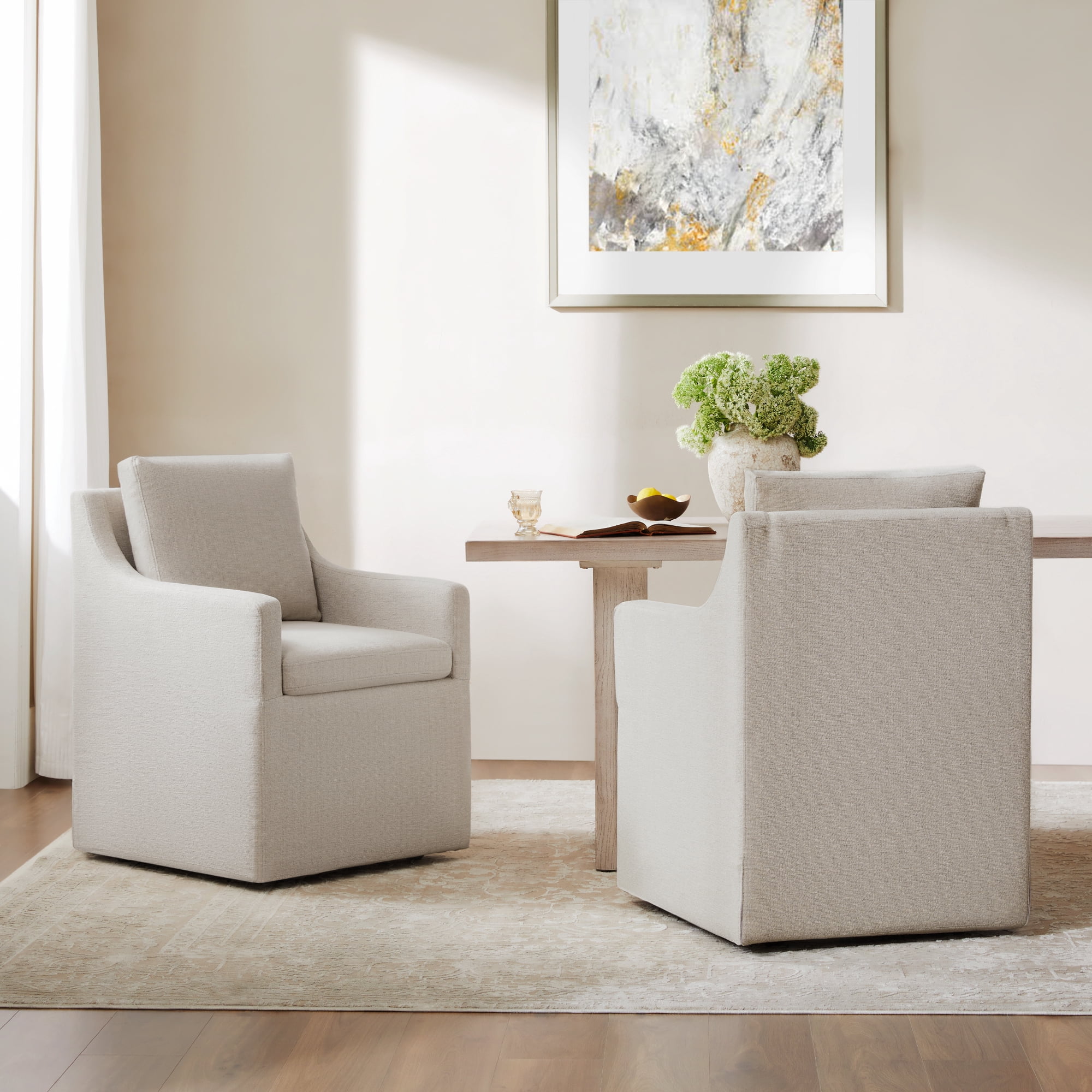 Spruce & Spring Anywhere Multipurpose Armchair with Storage & Hidden Casters, Slipcovered Cotton-Blend Dining Chair, Beige