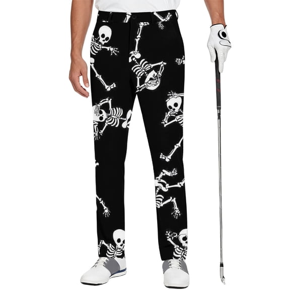Rexolia Mens Golf Pants Skull Print Active Halloween Valentine Casual Dress Trousers Multiple Patterns Black L