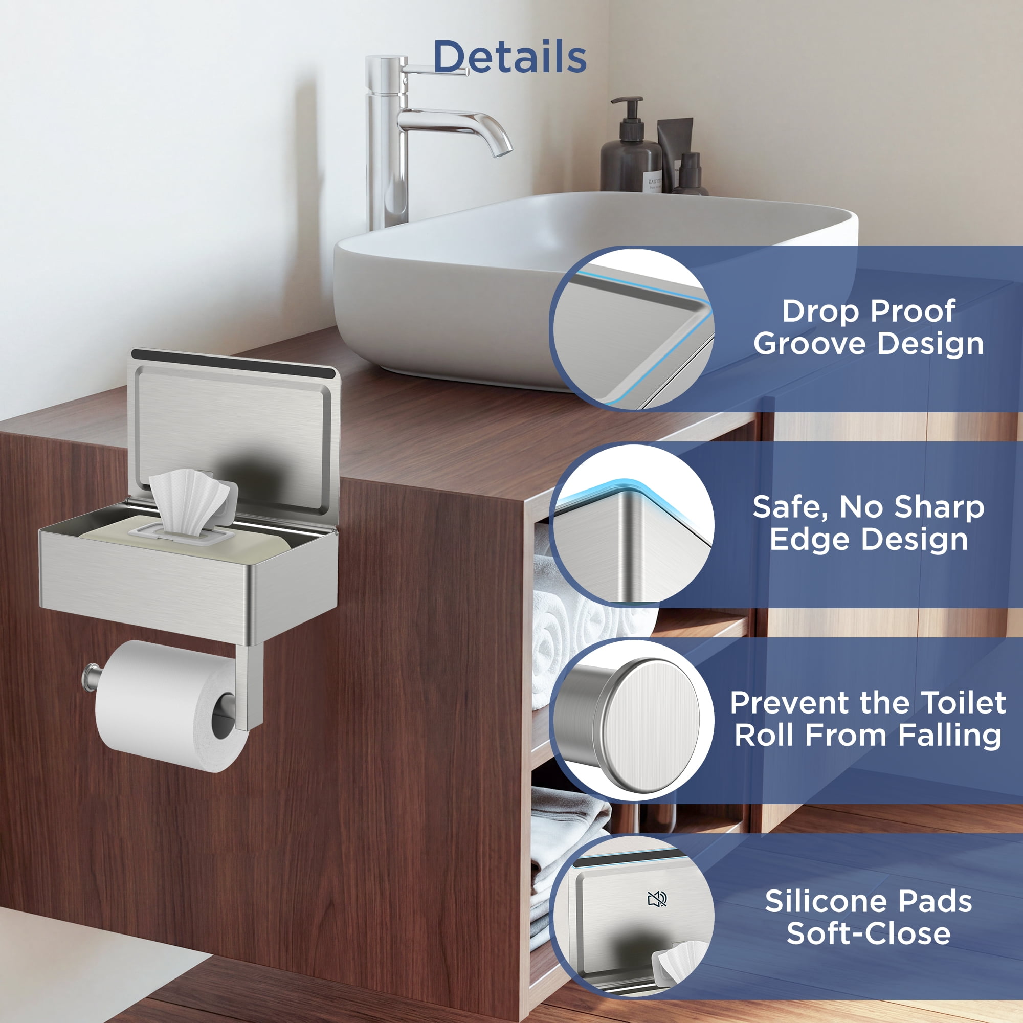 TVOFEK Brushed Nickel Wall Mount Toilet Paper Holder with Shelf, Stainless Steel Hidden Flushable Wipes Dispenser for Bathroom Sanitary Napkins, Tampons