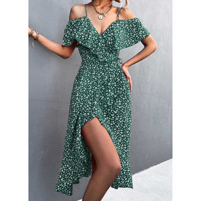 Vestido floral, vestido estampado, vestido lencero con cuello en V, vestido estampado, elegante y moderno