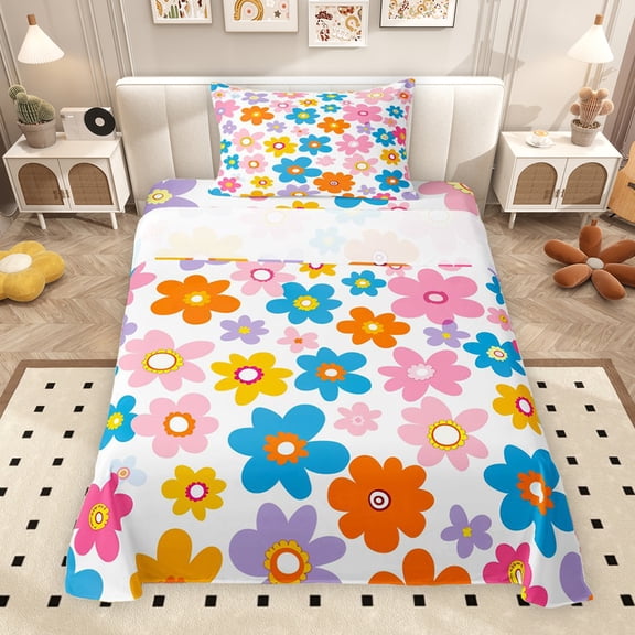Erosebridal Groovy Flower Twin Sheet Sets for Girls, Rainbow Floral Bedding, 1 Flat Sheet 1 Fitted Sheet and 1 Pillowcase, 3pcs
