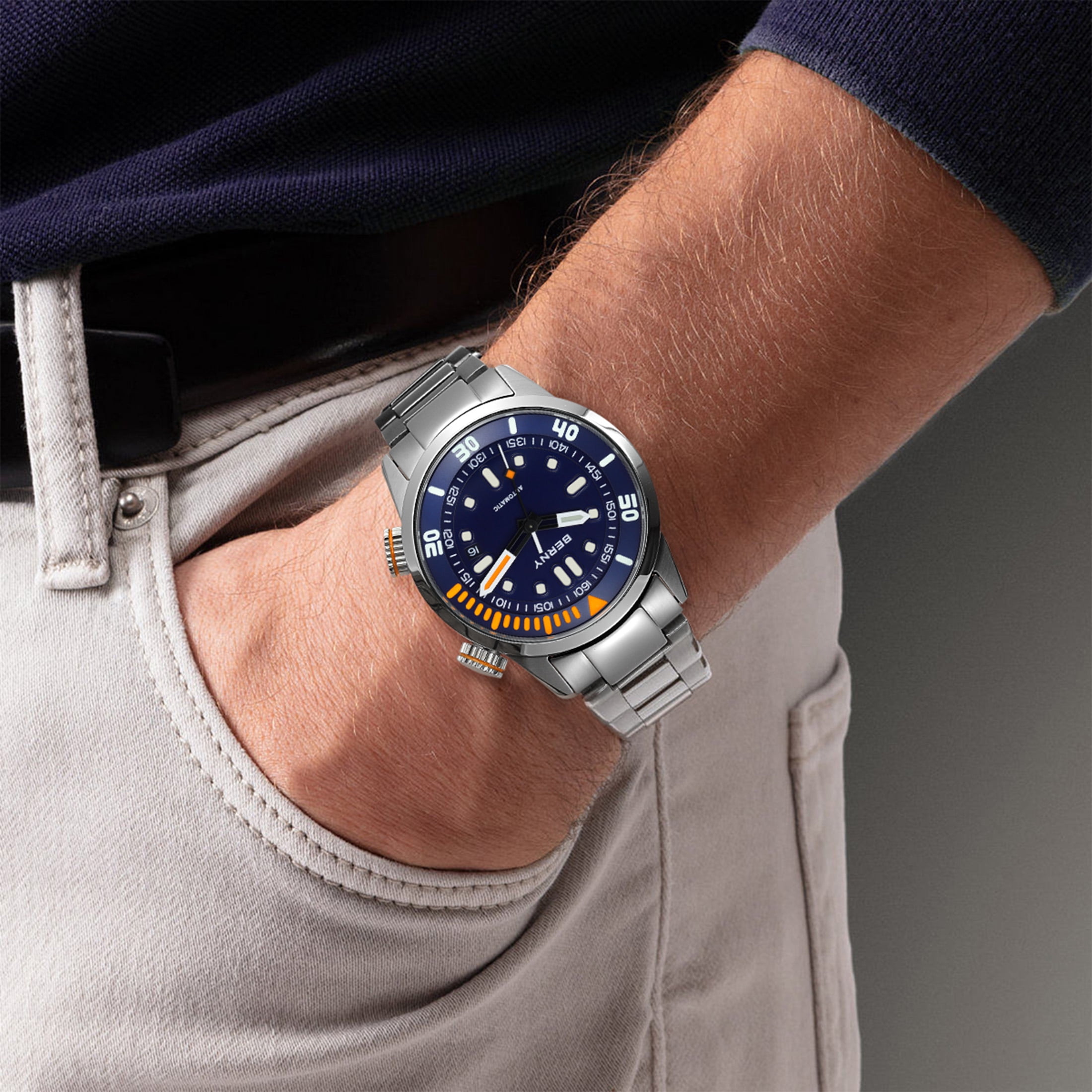BERNY Automatic Dive Watches for Men, Sport 20ATM Waterproof Analog Mechanical Watch with Date, Super Luminous, Stainless Steel, Sapphire Crystal, Fashion Men's Pro Diver Watch (Blue)
