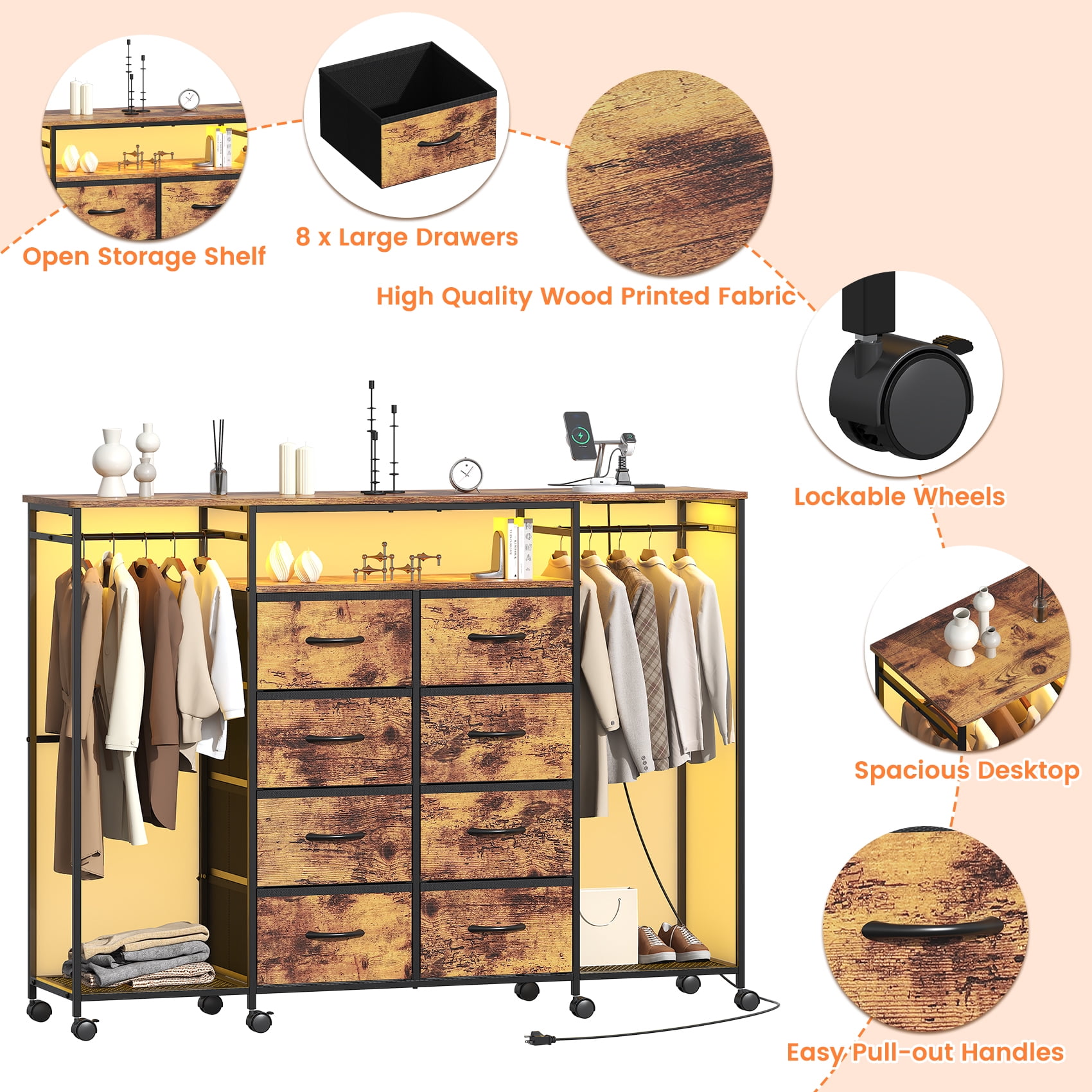Frmobepts Dresser with Clothes Rack, 8 Drawers Dresser with Charging Station & LED Lights, Brown Storage Unit with Wheels for Bedroom, Closet