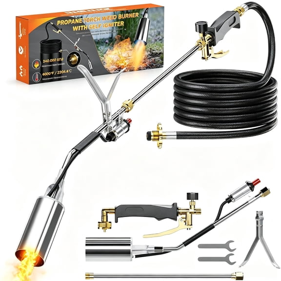 metuvoln 340,000 BTU Propane Torch Weed Burner with 11.5FT Hose,Extendable Handle,Heavy Duty Weed Torch with Push Button Ignition for Weeds,Snow Melting,Garden