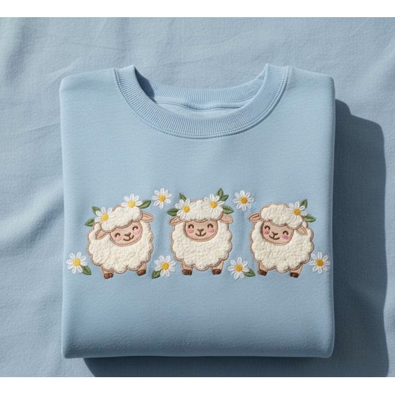 Cute Embroidered Sheep Sweatshirt – Kawaii Three Lambs with Daisy Flowers, Soft Pastel Blue Crewneck, Cozy Spring Gift for Her