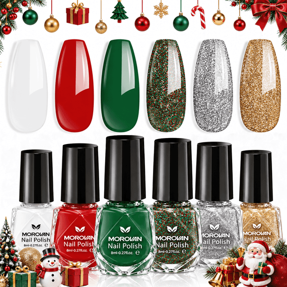 Morovan Nail Polish Set 6 Colors Red Green Christmas Glitter Mini Gold Silver Nail Polish Kit Quick Dry Manicure Nail Art Manicure DIY Home Salon Gift for Women