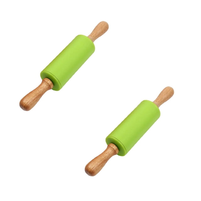 Mini Silicone Rolling Pin for Kids,Non-stick Surface Wood Handle,9 Inch 2 Pack Green