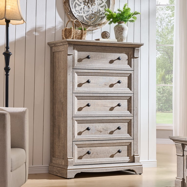 KeyWhat 47" Tall 5-Drawer Farmhouse Dresser, Light Rustic Oak photo 1