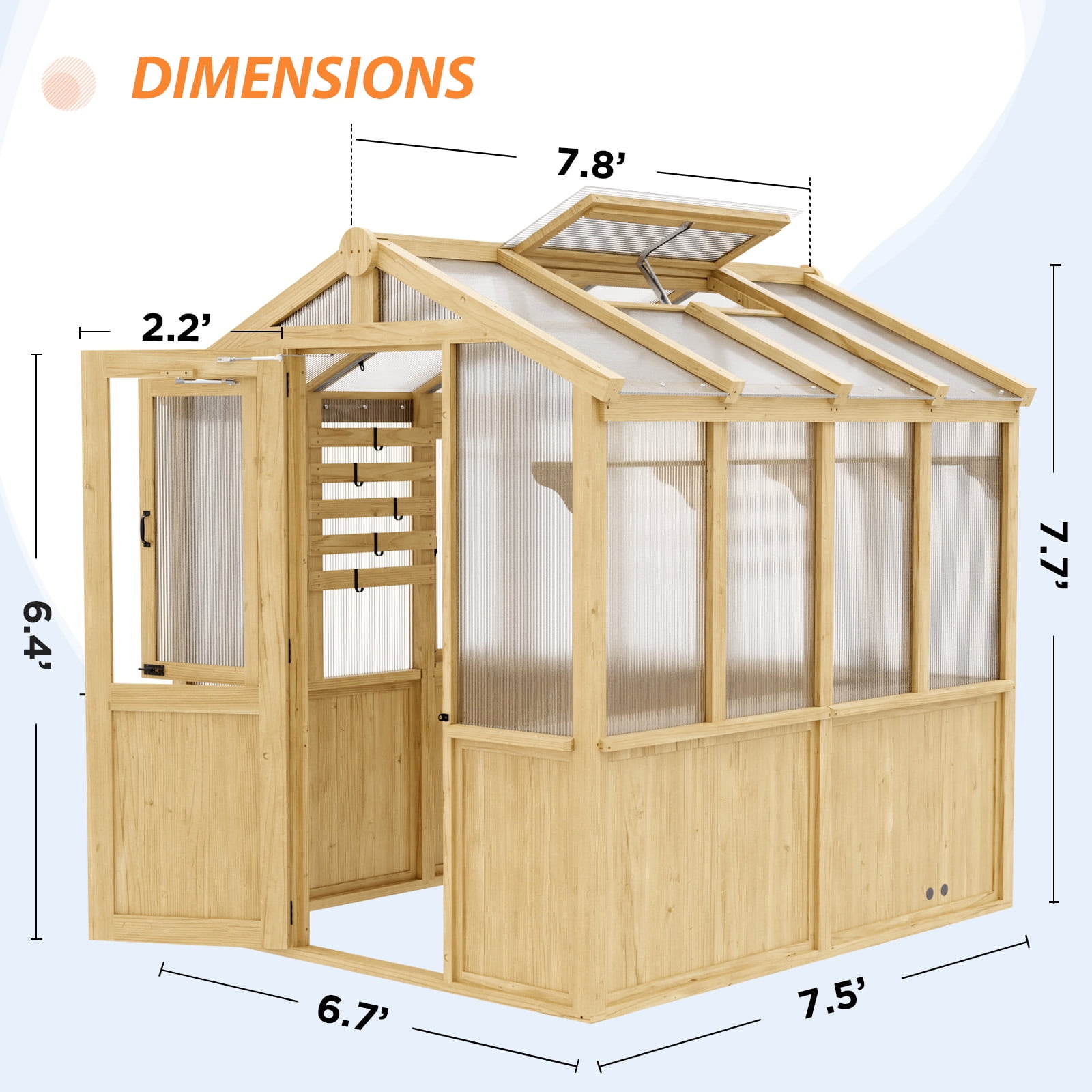 EAGLE PEAK 7.5x6.7x7.7 ft Wood and Polycarbonate Walk-in Greenhouse, Cedar Framed Hobby Greenhouse with Roof Vent, Natural