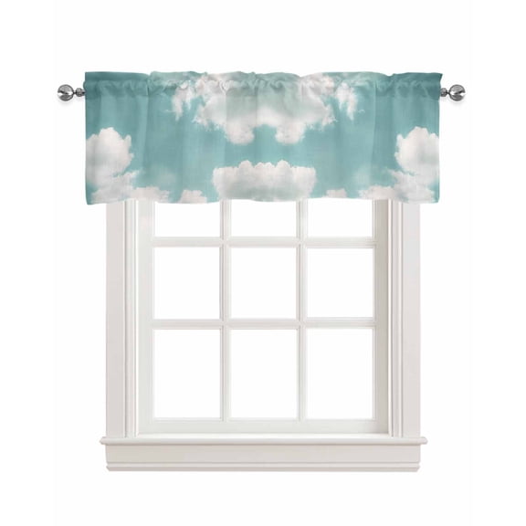 Teal Ombre Sky Retro Kitchen Valances for Windows Farmhouse Linen Window Valance Curtain for Living Room Window Treatment Modern Rustic Clouds Landscape Valance Rod Pocket Topper Drape, 42 x 12 Inch