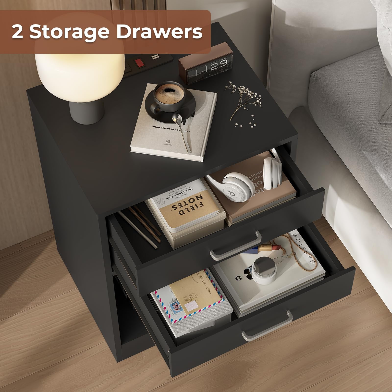 Afuhokles Nightstand Set of 2,Black Bedside Table with Charging Station 2 Drawers