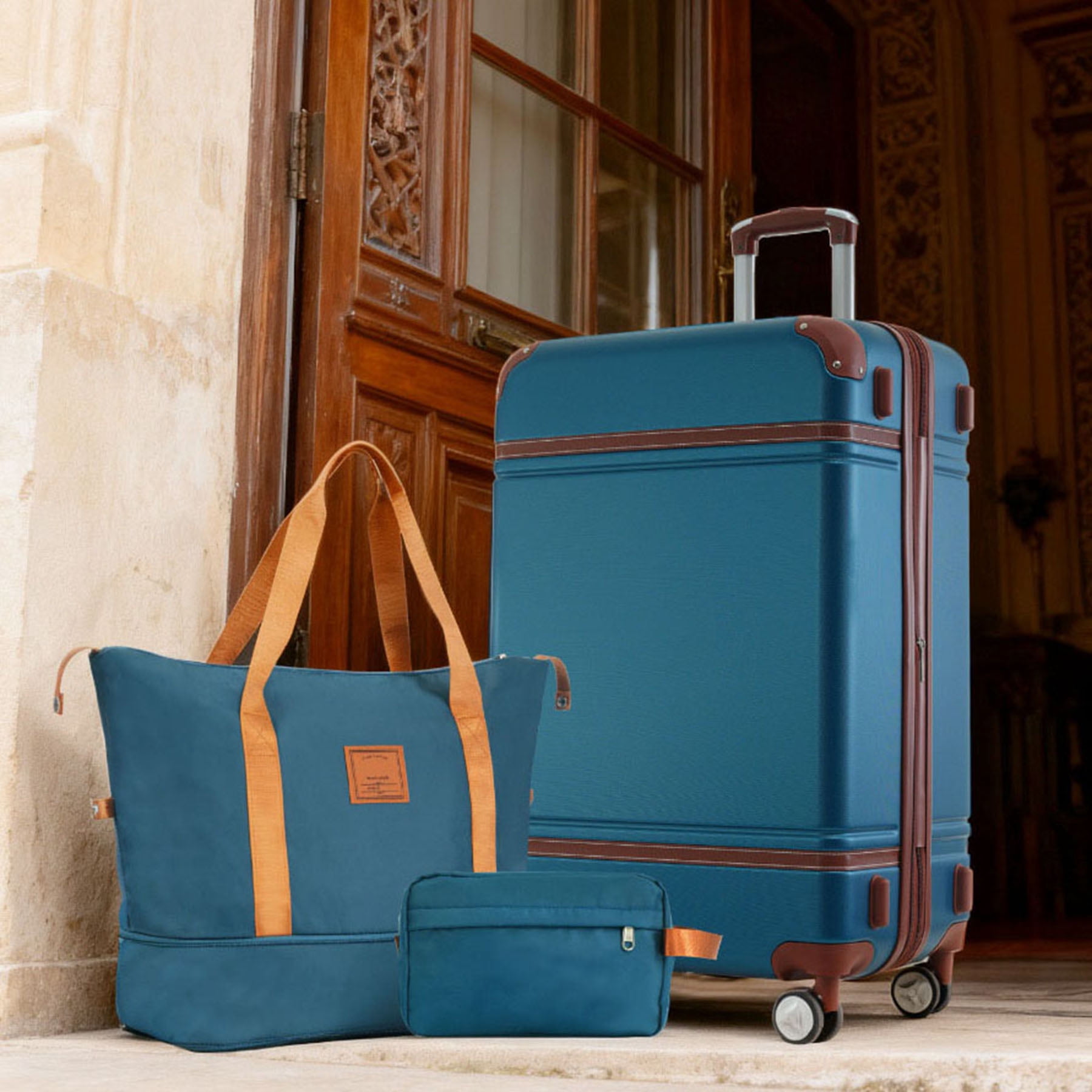 S-HOME Versatile  Hardshell Luggage Set in Vintage Design with 24 Inch Suitcase, Travel Duffel Bag and Toiletry Bag, TSA Lock and Spinner for All Journeys, Blue