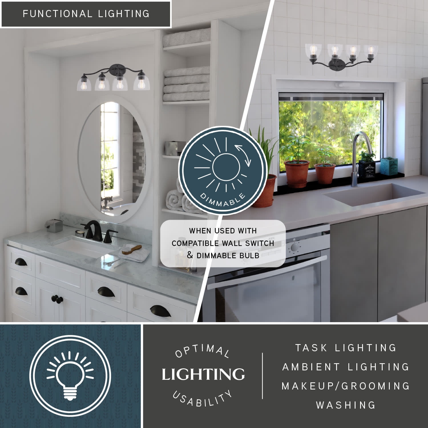 Bellwood 4-Light 28 in. Wide Matte Black Traditional Bathroom Vanity Lighting Fixture, Clear Seeded Bell Glass Shade, Dimmable, LED Compatible, Over the Mirror Mounted Steel Wall Sconce