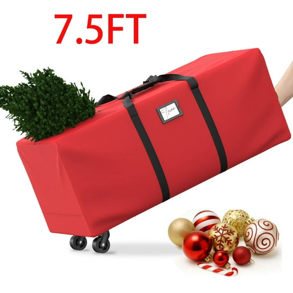 Rolling Christmas Tree Storage Bag, Waterproof Anti-Tear Heavy-Duty 600D Oxford Cloth Christmas 7.5 ft Tree Storage Box with Rolling Wheels, Red