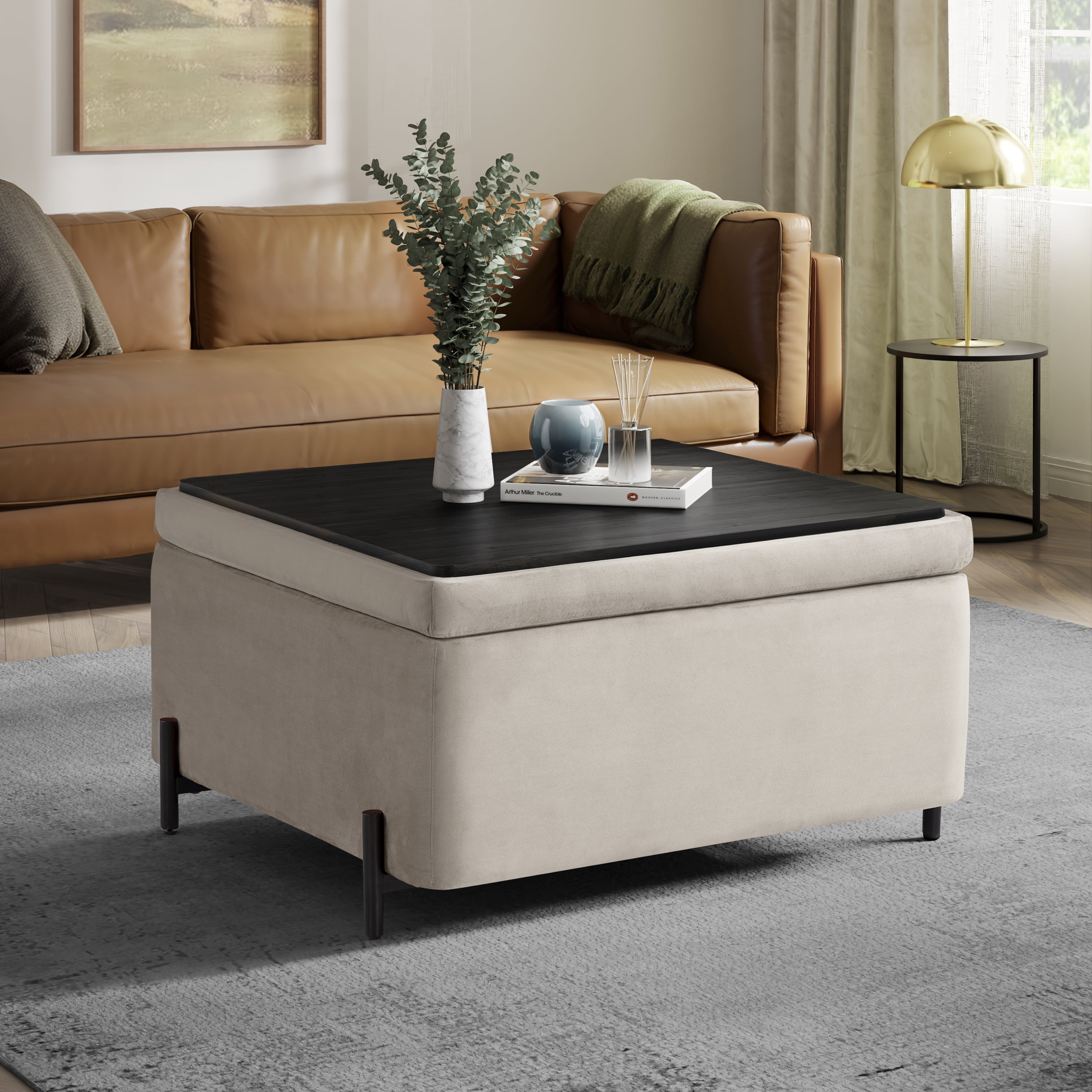 Studio Living Kingston Modern Large Storage Ottoman, Taupe Velvet Fabric