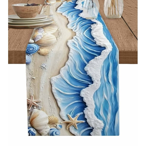 Table Runner Dresser Scarf 13 x 90 Inch Blue Theme Beach Ocean Wave Starfish Shell Coastal Table Runners Non-Slip Heat Kitchen Dining Table Decor for Indoor Outdoor Home Party Decoration