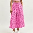thumbnail image 2 of Women Cotton Wide Leg Pants for Ihhxva Plaid with Pockets Elastic Waist Capri Trousers High Waisted Flowy Casual Summer Office S-2XL, 2 of 7