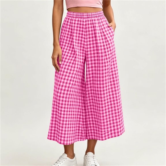 Cagogo Women's High Waisted Capri Pants Wide Leg Plaid Casual Streetwear Loose Trousers with Pockets Travel Summer Outfits, Hot Pink L