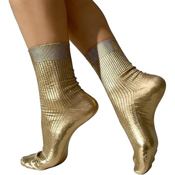 Metallic Silk Glitter Socks - Shiny Foil Ribbed Socks for Women, Luxury & Breathable for Heels, Loafers & Party Wear(2 pairs - golden)