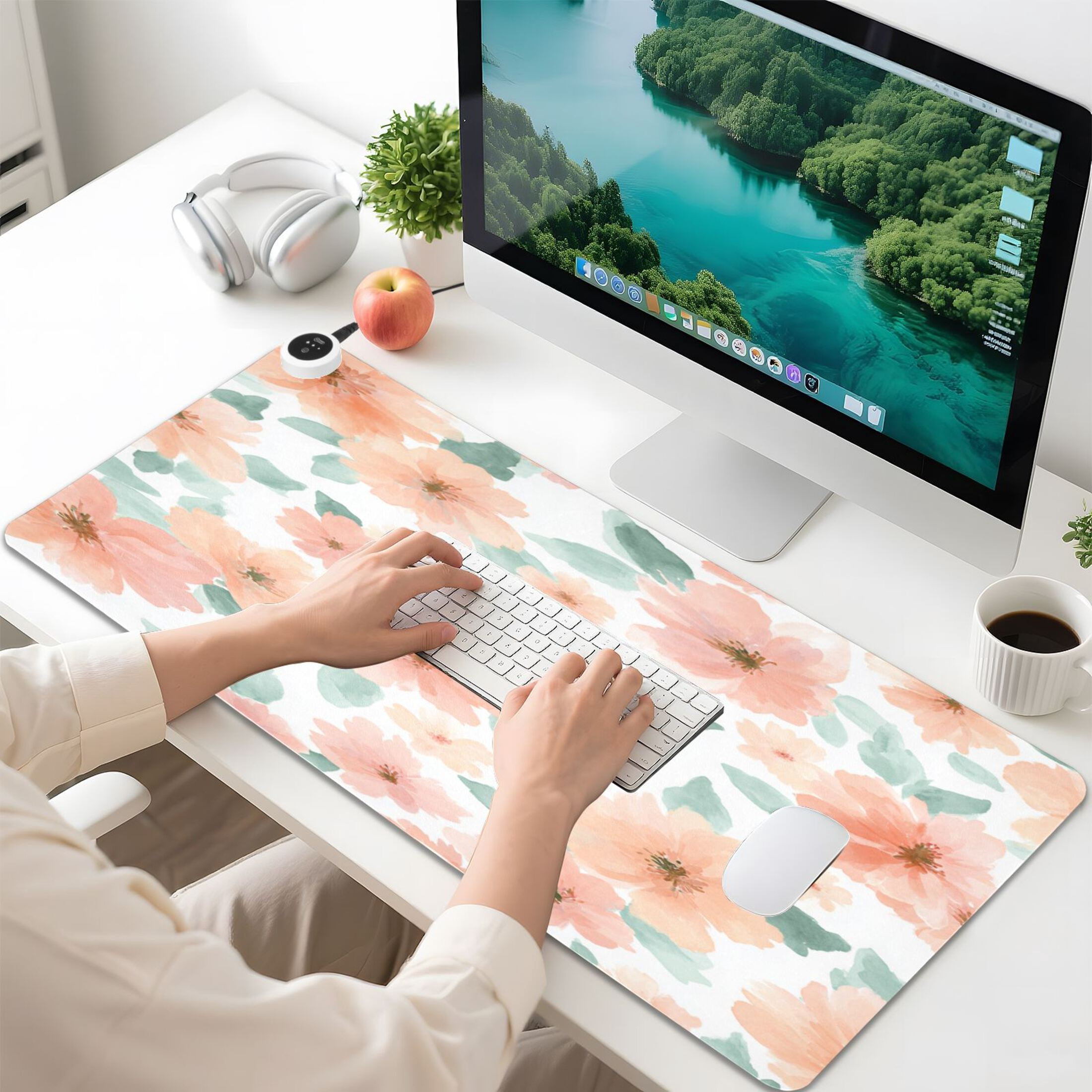 Large Heated Desk Mat Mouse Pad 31.5"x13"PU Leather Graphene Heating Desk Warmer with 3 Temperature Settings 110V US Plug Non-Slip Warm Pad for Home, Office, and Gaming Sage Green Floral Print